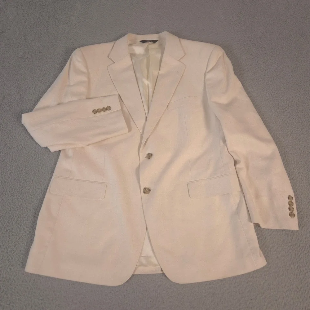 Stafford Blazer Mens 46R Cream Linen Blend Two Button Sport Coat Pocket Square